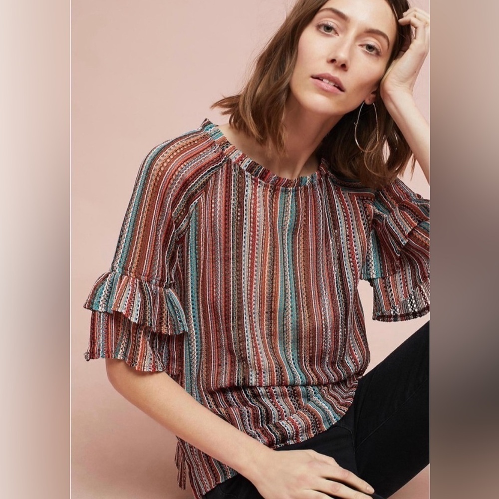 Anthro Eva Franco Jessalyn Striped Knit Ruffle Sleeve Multicolor Top NWT Sz XS